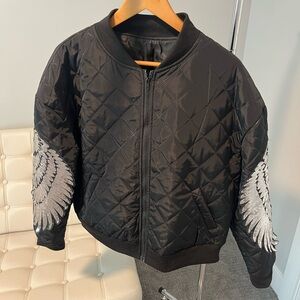 Black Quilted Bomber Jacket with Silver Wing Design